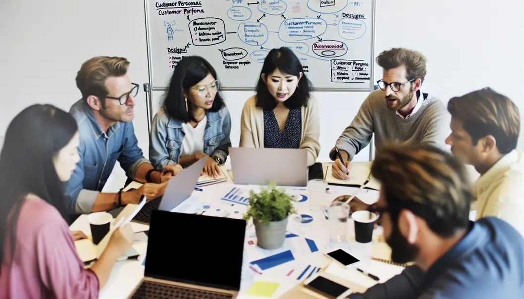 Nhóm thiết kế và marketer thảo luận về brief dự án.