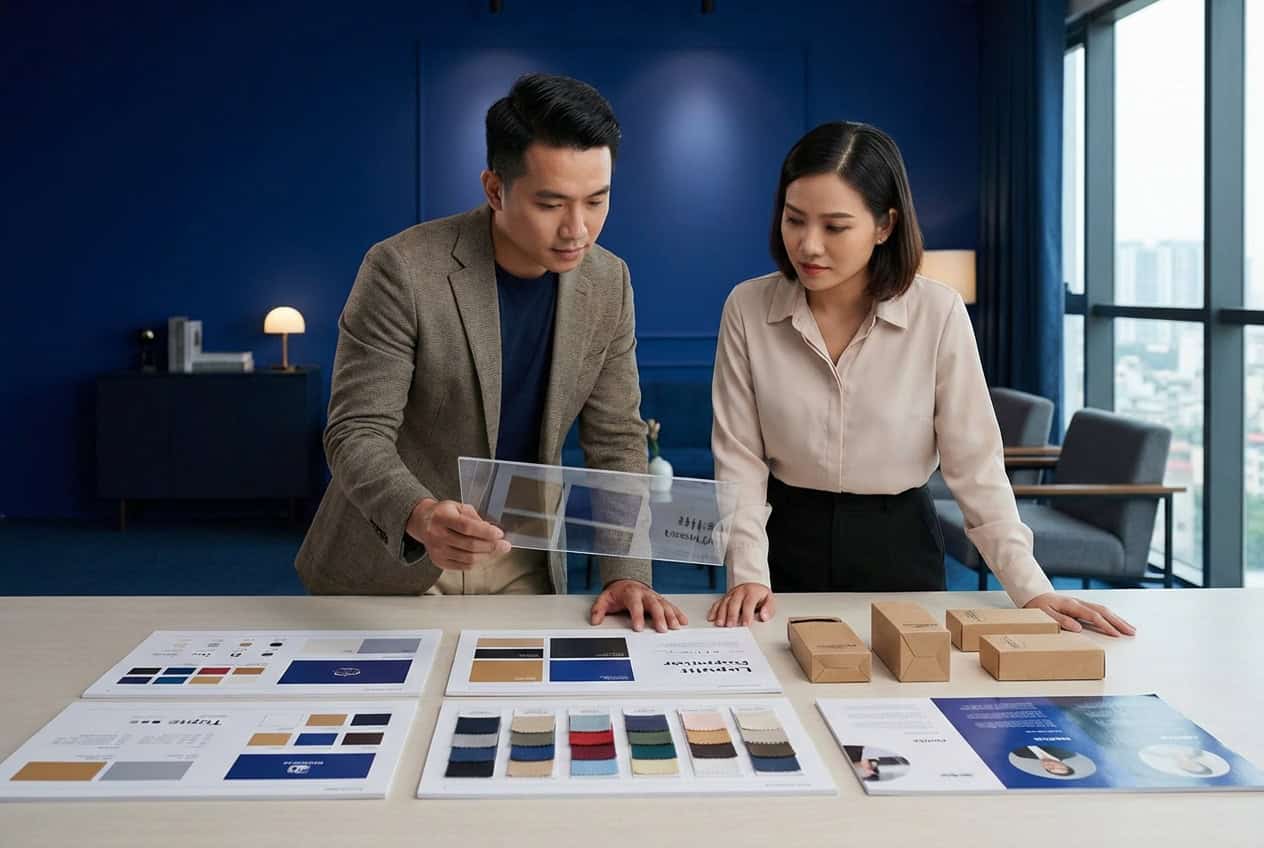 Đội ngũ sáng tạo của TVT Agency đang chuẩn hóa hình ảnh thương hiệu với layout, màu sắc và tài liệu nhận diện đồng bộ.