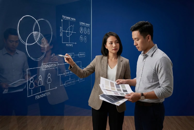 Chuyên gia chiến lược thương hiệu của TVT Agency đang phân tích định vị thương hiệu và chân dung khách hàng trên bảng kế hoạch.